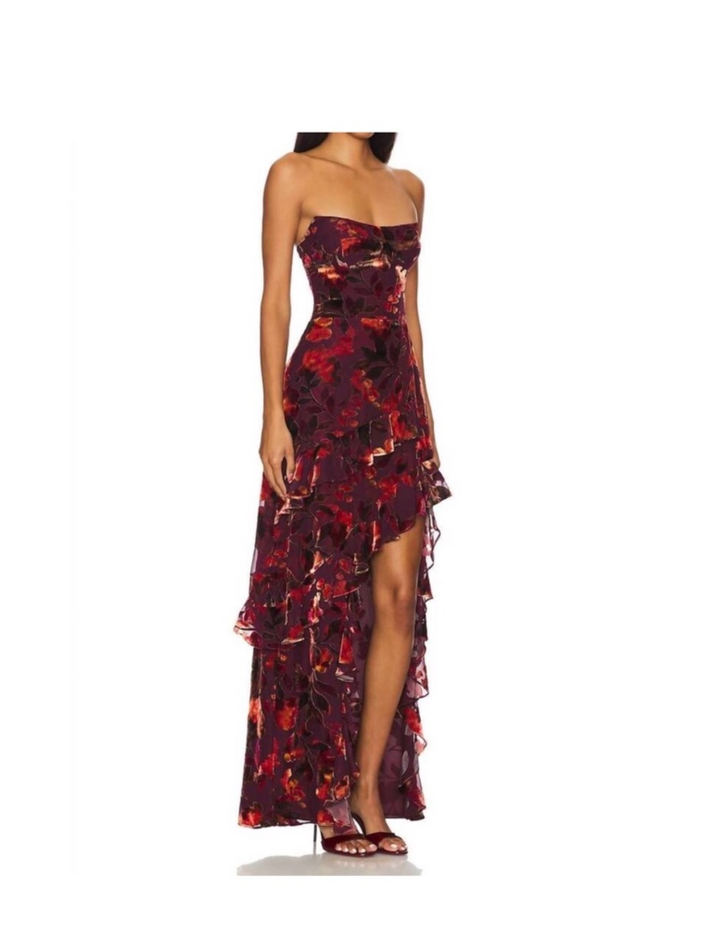 NWT Amanda Uprichard Strapless Burgundy Floral High-Low Ruffle Dress